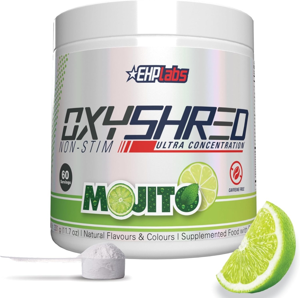 EHP Labs OxyShred Non Stimulant Pre Workout Powder - Estim Free Pre Workout, Caffeine Free Preworkout for Men &amp; Women - Non Stim Preworkout - Sugar Free Energy Powder - Mojito, 60 Servings