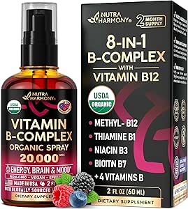 USDA Organic Vitamin B-Complex Liquid Spray 8-in-1 - B5 Pantothenic Acid TEN B12 Methylcobalamin TEN B1 Thiamine TEN B6 Pyridoxine ANTE B7 Biotin TEN B9 Folic ANTE B3 Niacinamide - Made in USA Supplement, 2fl oz