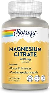 SOLARAY Magnesium Citrate 400mg - Suplemento Magnesio - Bone Health, Muscle, Relax and Heart Health Support - Ausorción mejorada, Vegan, Gluten Free, 60 días de garantía, 30 servicios, 90 VegCaps