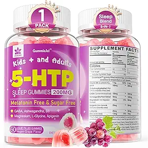 5HTP Gummies for Adults & Kids 8+, Melatonin Free Gummies with Magnesium Glycinate, GABA, L-Glycine, Ashwagandha, Vitamin B6 for Delicious Zzzs, Brain & Muscle Relaxation, 0 Sugar 60 Count (Pack of 1)