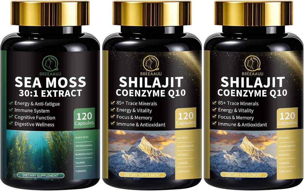 Sea Moss y Shilajit Capsules for Men ' Women, All in 1 Supplements with Shilajit, Sea Moss, Coenzyme Q10, Black Seed, Ashwagandha, Burdock for Energy, Antioxidant & Immune Support