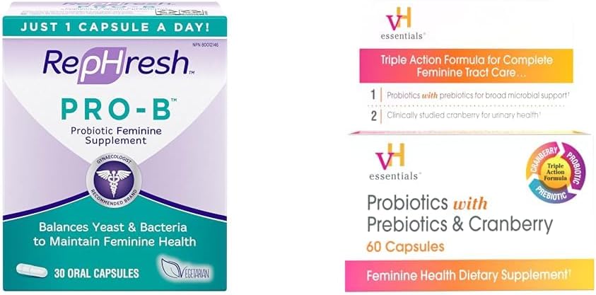 Rephresh Pro-B Probiotic Supplement for Women, 30 Oral Capsules & vH Essentials Probiotics with Prebiotics and Cranberry Feminine Health Supplement - 60 Capsules