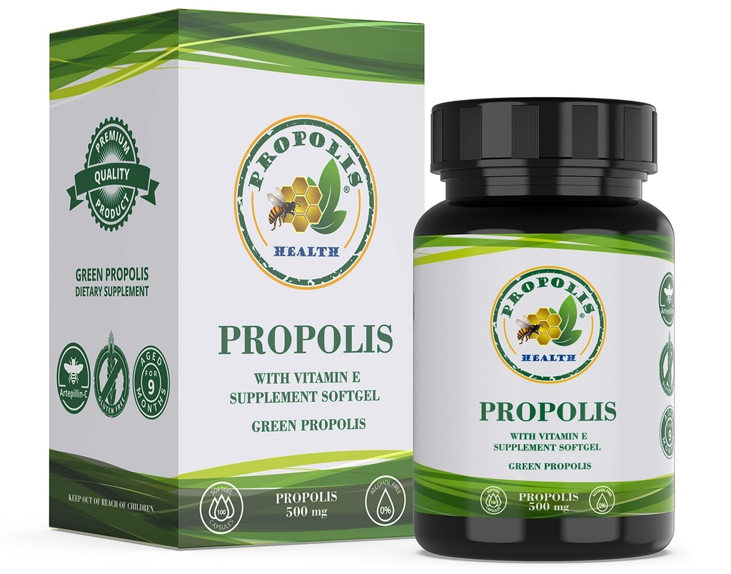 Propolis Health Propolis Capsules 1000mg-Daily with Vitamin E Por dosificación - Puro Brasileño Green Propolis Extract - Immune Booster 50 Days Supply -100 cápsulas