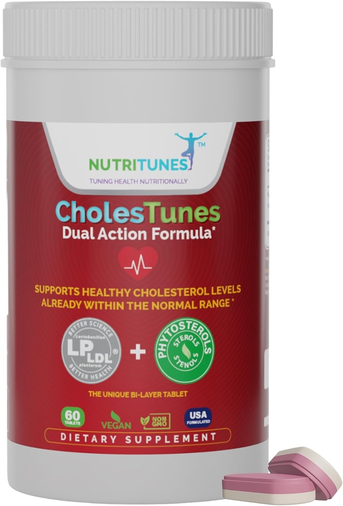 CholesTunes – Suplemento de Apoyo Colesterol con Phytosterols " LDL LP Probiótico para el corazón y el bienestar cardiovascular: no GMO, libre de gluten, libre de soja, libre de lactosa, 60 Tabletas