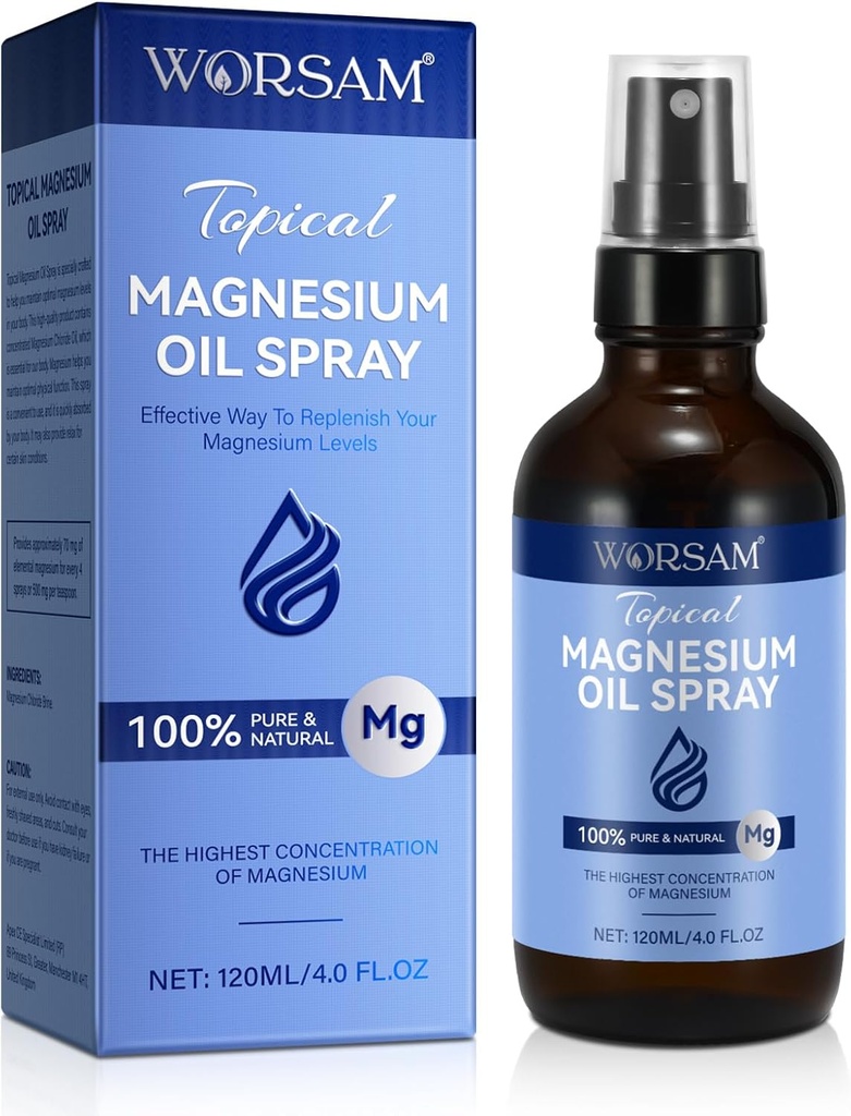 Aceite de Magnesio para Pies (4 fl oz), Espray de Magnesio, 100% Puro &amp; Orgánica Natural Cloruro Aceite de Cristal Botella, Aceite de Espray de Magnesio Topical para Pies, Fácil de Usar 120ml