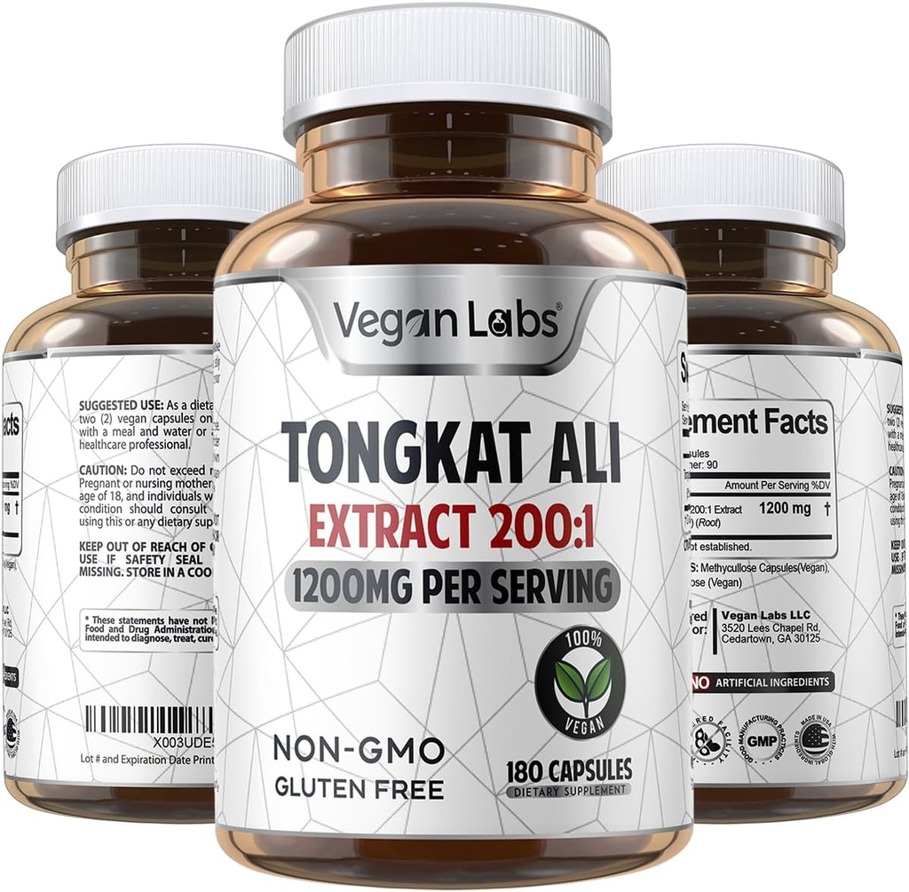 Laboratorios Vegan Tongkat Ali 200:1 Extracto, 1200MG Por Servings- 180 Vegan Capsules- Supports Energy and Stamina- Gluten Free, Non-GMO Premium Quality Suplemento