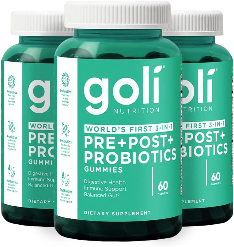 Suplemento Nutricional Goli, Pre+Post+Probióticos Gummy - 180 Cuenta - Primer 3-en-1 Gluten-Free, Vegan, Non-GMO, y Gelatin-Free.