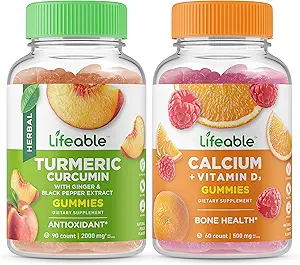 Lifeable Turmeric Curcumin + Calcium with Vitamin D, Gummies Bundle - Great Tasting, Vitamin Supplement, Gluten Free, GMO Free, Chewable Gummy