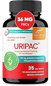 Sandhu's Uripac 36mg PACs clínicamente Probadas 35 cápsulas con 9X High Strength Cranberry Extract ← Soporta UTI Evitación, Kidney Cleanse Detox y Reparación permanente All Natural and Sugar Free Pills for Women