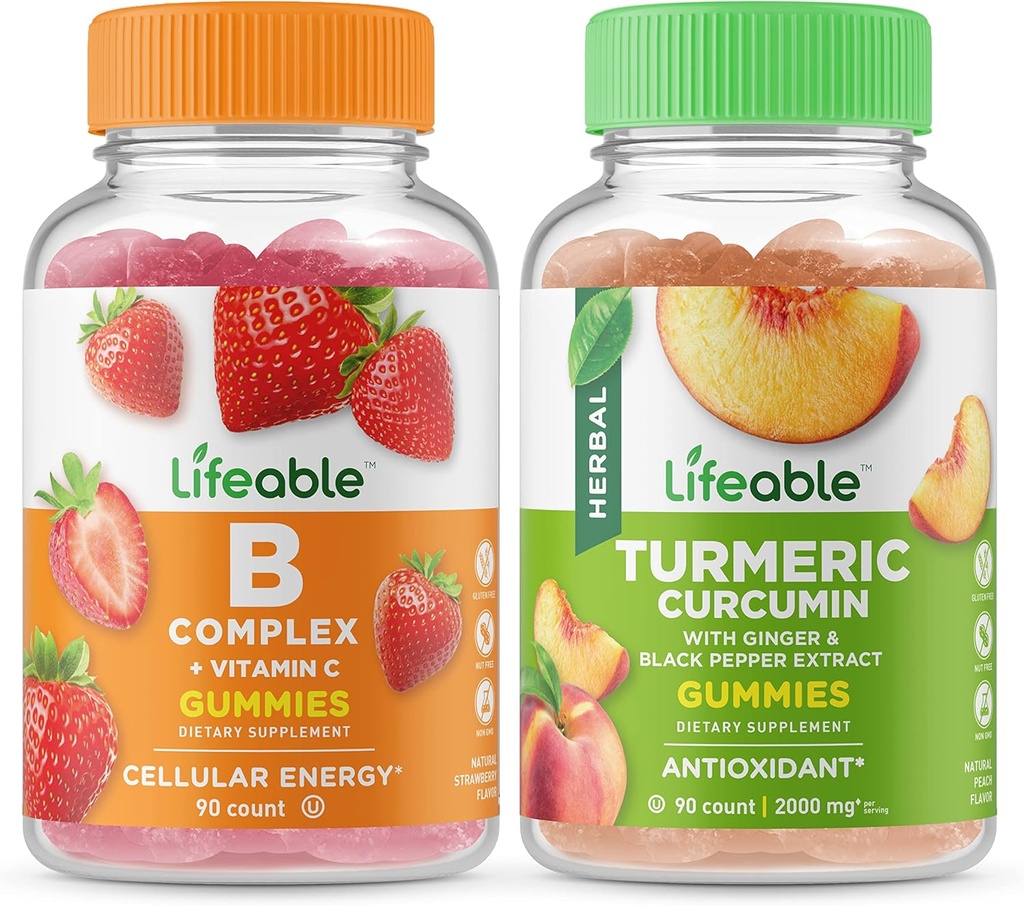 Complejo B Lifeable + Curcumina Turmérica, Colgante Gummies - Gran Tasting, Suplemento de vitamina, Gluten Gratis, GMO Gratis, Chewable