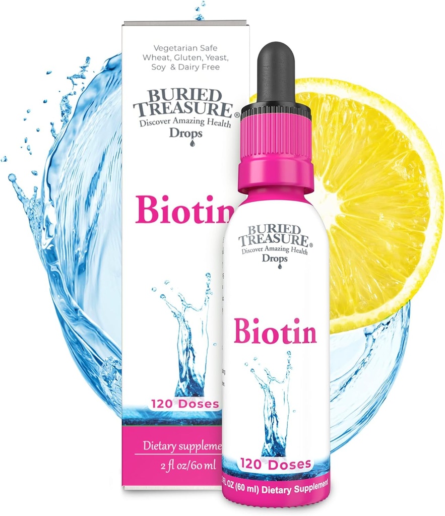 Tesoros enterrados Biotina gotas - 120 Servings, 2 oz, soporta cabello, piel & uñas