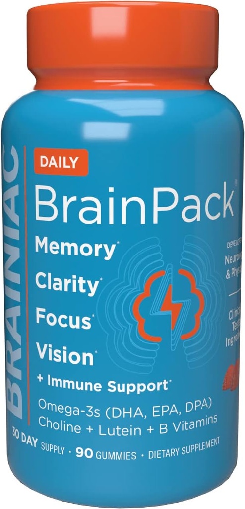 Brainiac Daily BrainPack Gummies, apoya la salud cerebral con Omega 3 DHA EPA DPA, Choline, B6 &amp; B12 y Lutein para salud ocular con soporte inmunológico, Citrus Berry Flavor, 90 ct
