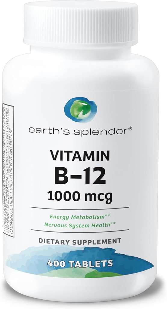 Suplementos de energía de Splendor de la Tierra, con vitamina B12, sin color artificial o sabor, sin gluten, soporte de metabolismo energético (1000mcg, 400 Tablets)