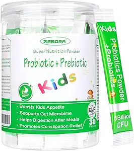ZEBORA Kids Probiotic & Prebiotics Powder Age 3+ Support Children's Digestive & Immune System with Natural Source, Promotes Constipation Relief, Non-GMO, Gluten-Free, 30 Packets with 5 Billion CFUs