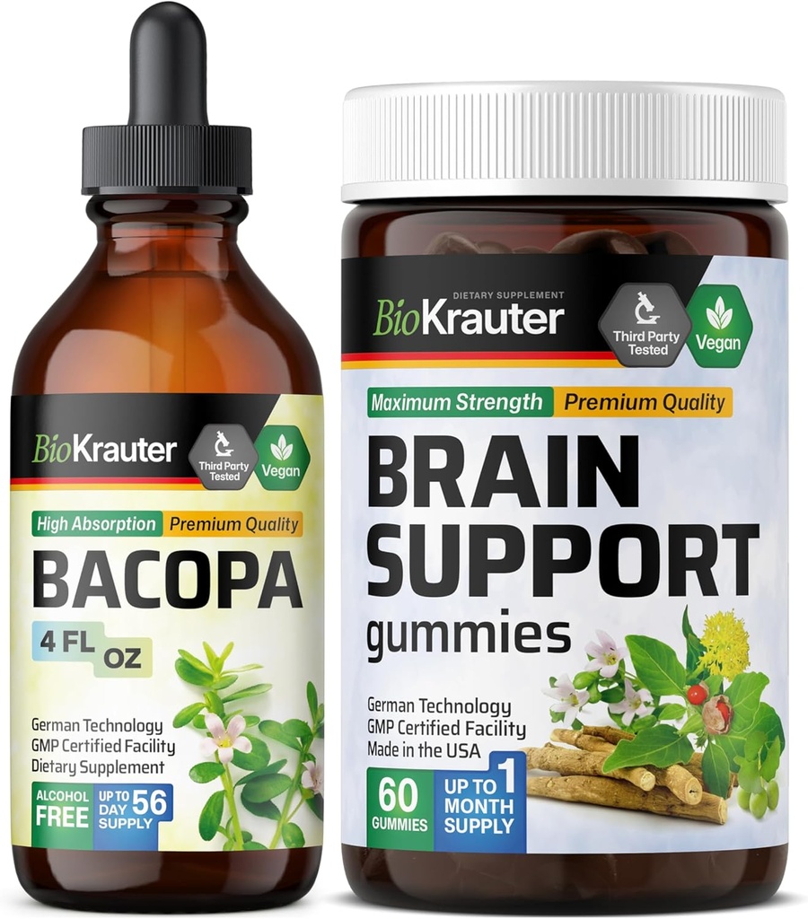 BIO KRAUTER Bacopa Tincture 4 Fl. Oz. & Brain Support 60 Gummies