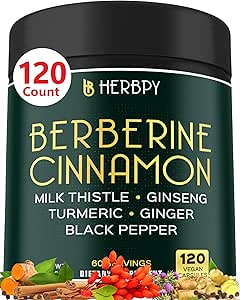 7in1 Premium de Berberina y Ceilán Canela para la Gestión de Pesos, Digestión, Salud del Corazón &amp; Soporte Inmuno - con Ginseng, Turmérica, Ginger, Milk Thistle & Black Pepper - 120 Vegan Capsules