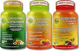 Agrupación de soporte antioxidante – Vitamina Liposomal C 1100mg Gel líquido + Glutatión Liposomal 500mg + Quercetina con Bromelaina, Zinc &amp; Whole Food Blend – Non-GMO, Absorción Máxima