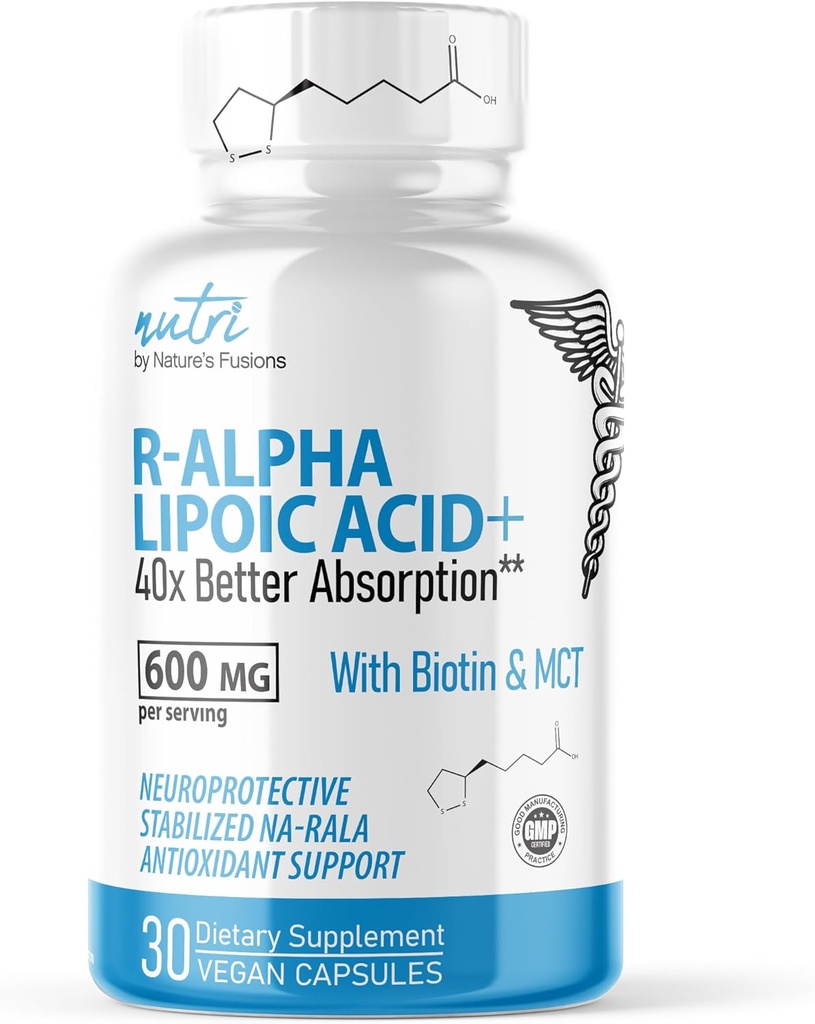 Nutri R Alpha Lipoic Acid 600mg Capsules - R Lipoic Acid Estabilizado con Biotina - Forma activa de R-ALA - 600 mg Dosis clínica - Powerful Cellular Energy Support - 30 cápsulas Vegan - RALA