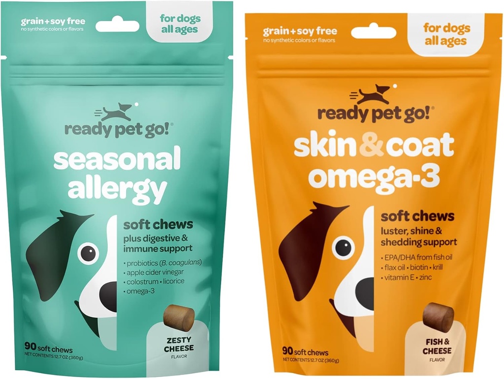 Ready Pet Go! Omega 3 & Allergy Chews for Dogs | Probiotics & Allergy Immune Supplements for Itch & Allergy Relief | Fish Oil for Dog Shedding, Skin Allergy, Itch Relief | 90 Chews Each