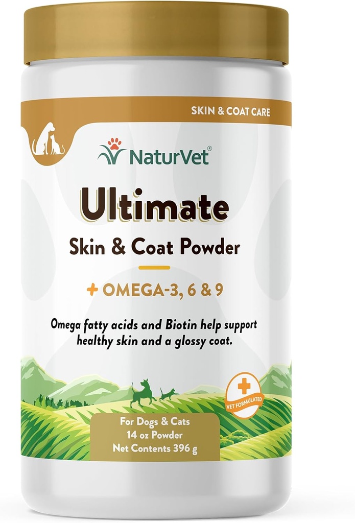 NaturVet Ultimate Skin and Coat Powder Plus Omega 3, 6 y 9 Suplemento para perros y gatos, Polvo, Hecho en los EE.UU. con ingredientes de origen mundial 14 onzas