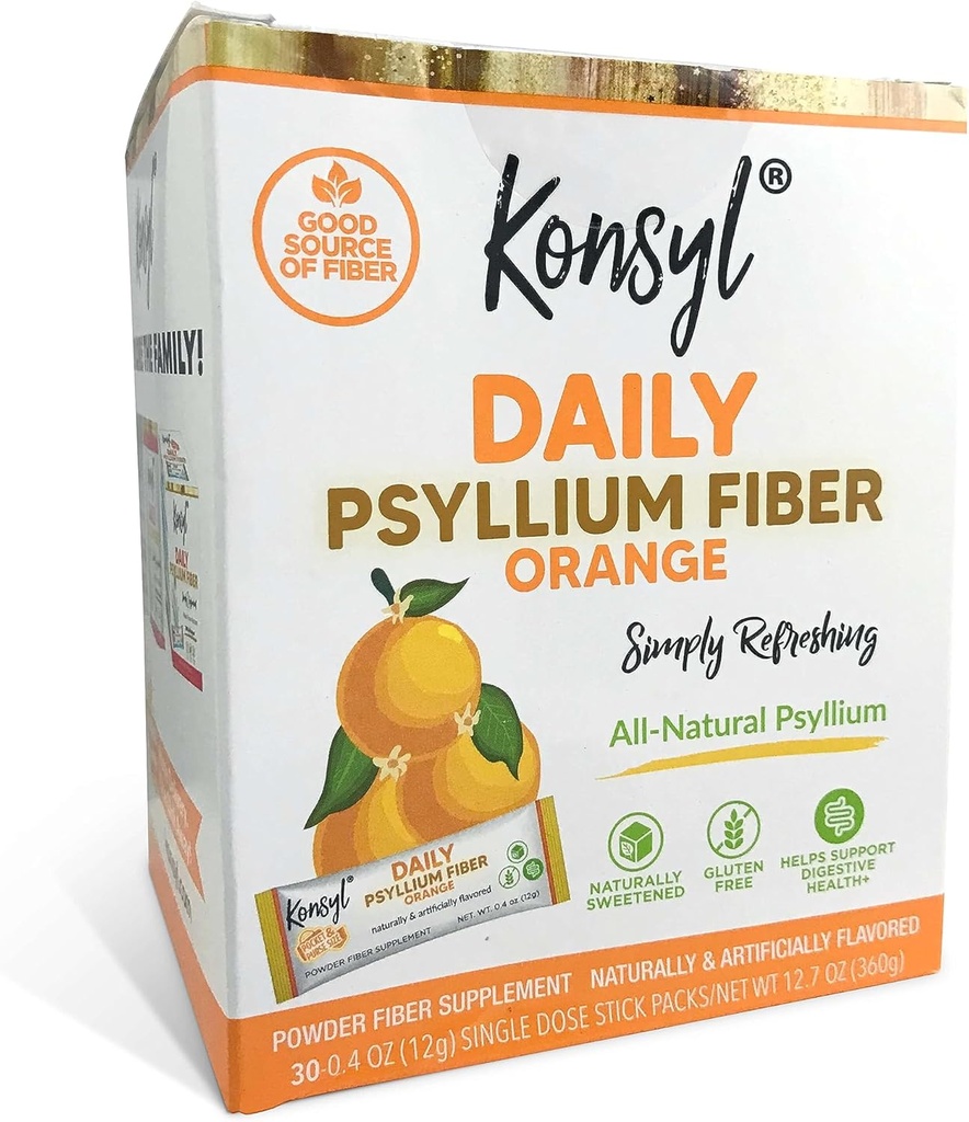 Konsyl Daily Fiber Orange 100% Natural Psyllium Husk Powder - Naturally Sweetened - Gluten Gratis - 30 Stickpacks individuales