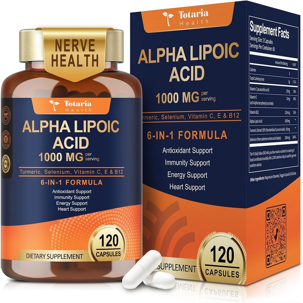 Totaria Alpha Lipoic Acid 1000mg - ALA Suplemento Antioxidante para Neuropatía Soporte Nerve Health, Liver Detox, Antioxidante, Metabolismo y Energía Celular, Anti-Aging - Non-GMO, Gluten Free, Vegan Safe