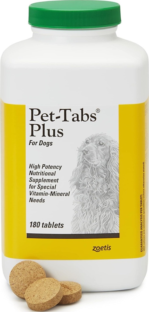 Pet-Tabs Plus Suplemento Multivitamínico y Mineral para Perros con Necesidades Nutricionales Especiales, Tableta Chewable, Botella de 180 Cuentas