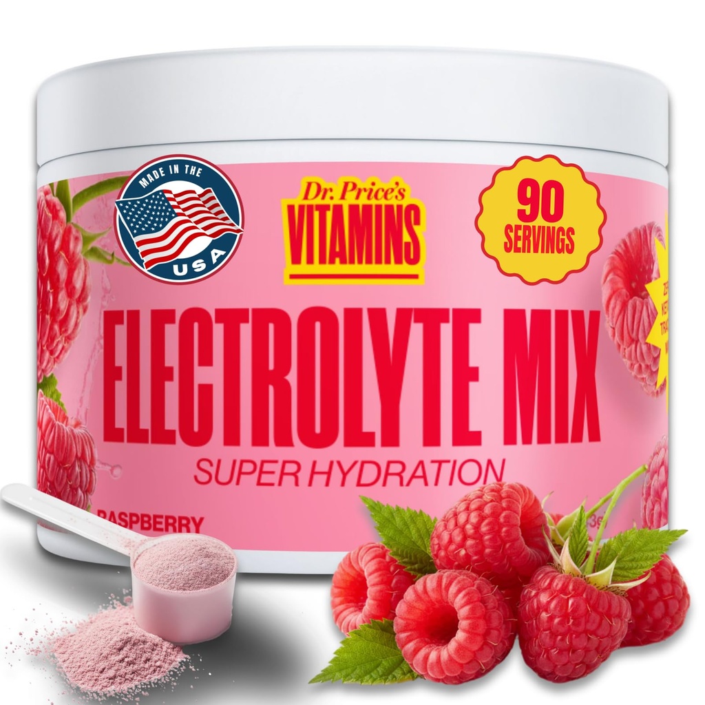 Dr. Price's Electrolyte Mix ← Polvo de hidratación libre de azúcar con 72+ Trace Minerals ← No Azúcar, Electrolitos de resolución rápida Embalajes de pólvora ¦ Raspberry, 90 Servimientos