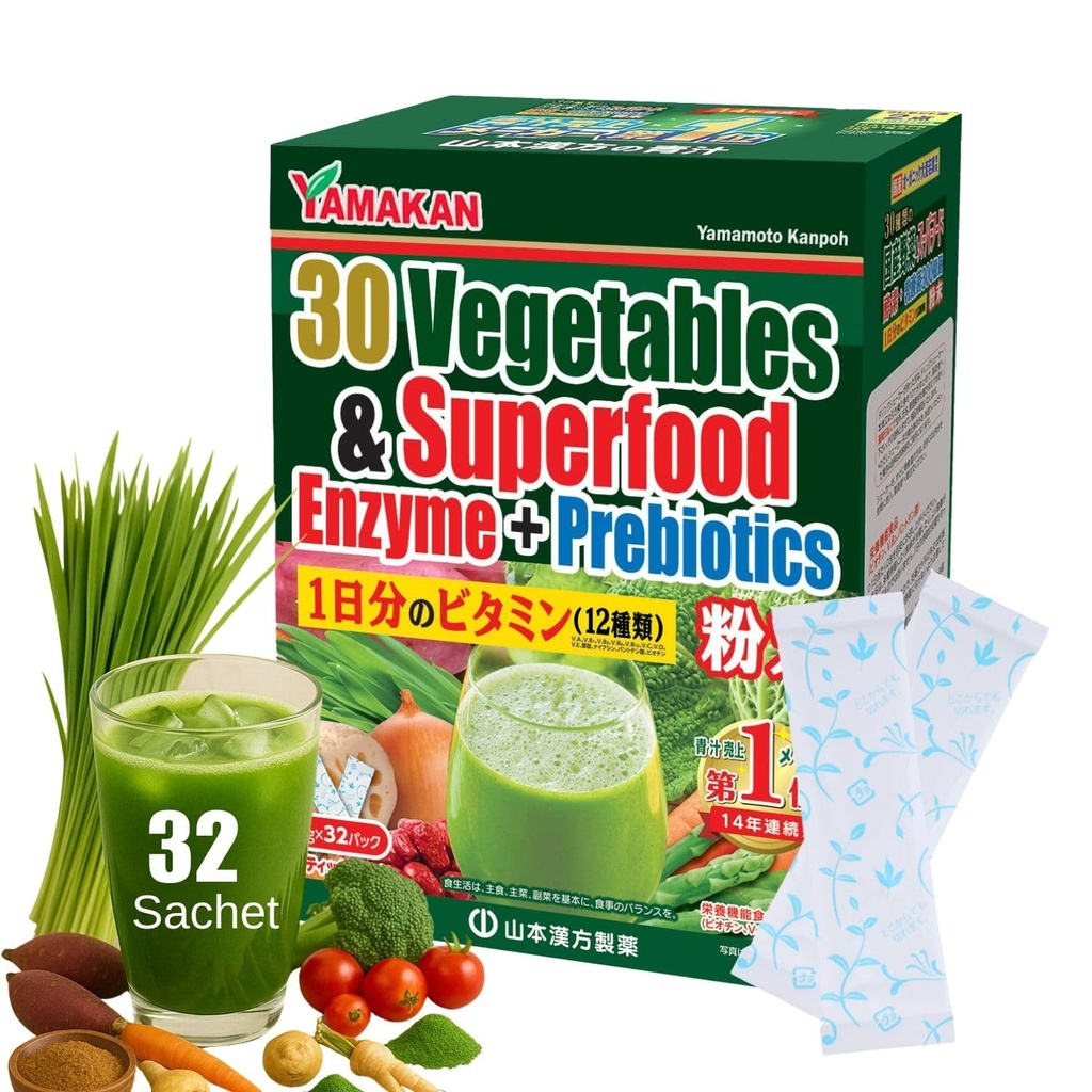 Yamamoto Kanpoh YAMAKAN Natural Digestive Enzymes with Prebiotic Powder, 12 Mixed Vitamins &amp; Super Greens Powder Blend, Barley Grass Juice Superfood for Gut Health from Japan, 32 Packets