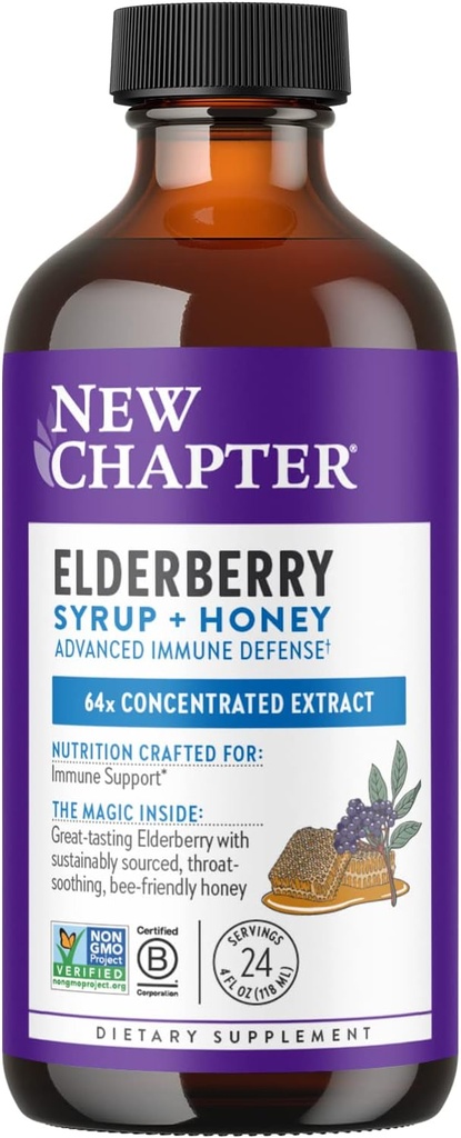 New Chapter Elderberry Syrup, 24 Servings, Immune Defense for Adults & Kids (2+), 64x Concentrated Black Elderberry + Throat-Soothing Grade A Honey, Non-GMO Project Verified, Gluten Free