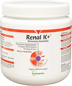Vetoquinol Renal K+ (Potasio Gluconato) Potasio Suplemento Polvo para perros y gatos, 3.5oz