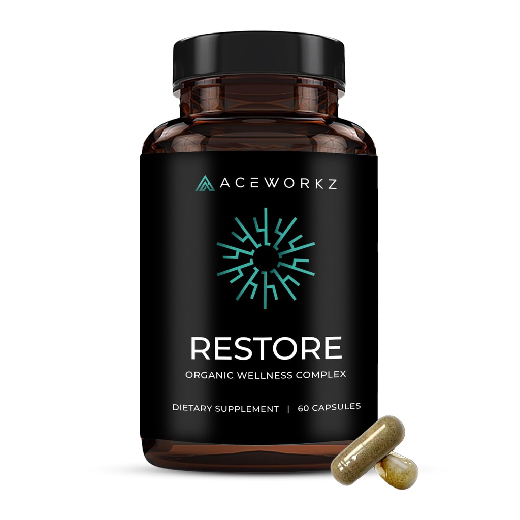 Restore - Complejo de Moss de Mar Orgánica con BioPerine® para la Asorción Mejorada - 12,000 mg por Serving - Ashwagandha, Aceite de Semillas Negras, Turmérica, Shilajit - Detox, Immune, Energy & Mood Support (60 cápsulas)