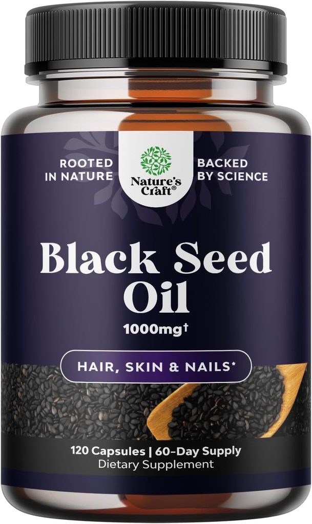 Cápsulas de aceite de semilla negra prensada fría - Vegan Nigella Sativa Negro Cumin Cápsulas de aceite de semilla con Omega 3 6 9 Antioxidantes y Timoquinona para el crecimiento del cabello Apoyo Conjunto Salud y Digestión