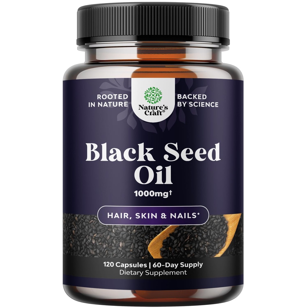 Cápsulas de aceite de semilla negra prensada fría - Vegan Nigella Sativa Negro Cumin Cápsulas de aceite de semilla con Omega 3 6 9 Antioxidantes y Timoquinona para el crecimiento del cabello Apoyo Conjunto Salud y Digestión