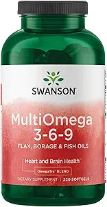 Swanson MultiOmega 3-6-9 - Non-GMO Flax, Borage & Fish Oil Capsules - Essential Fatty Acids Supporting Cardiovascular Health & Brain Health - (220 Softgels, 2400mg Serving)