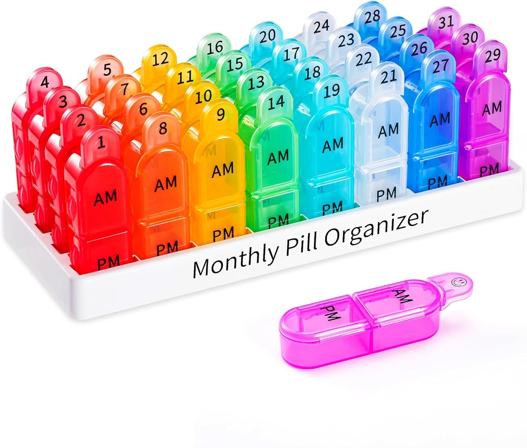 Organizador Mensual Daviky 2 veces al día - 30 días Pill Box AM, BPA Free One Month Medicine Organizer Twice Daily, 31-Day Case to Hold Vitamins, Supplements &amp; Medication