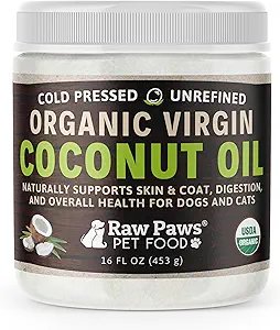 Raw Paws Orgánica Virgen aceite de coco para perros &amp; gatos, 16-oz - Soporta sistema inmunológico, digestión, salud oral, tiroides - Alivio de alergia natural para perros - Hairball Relief