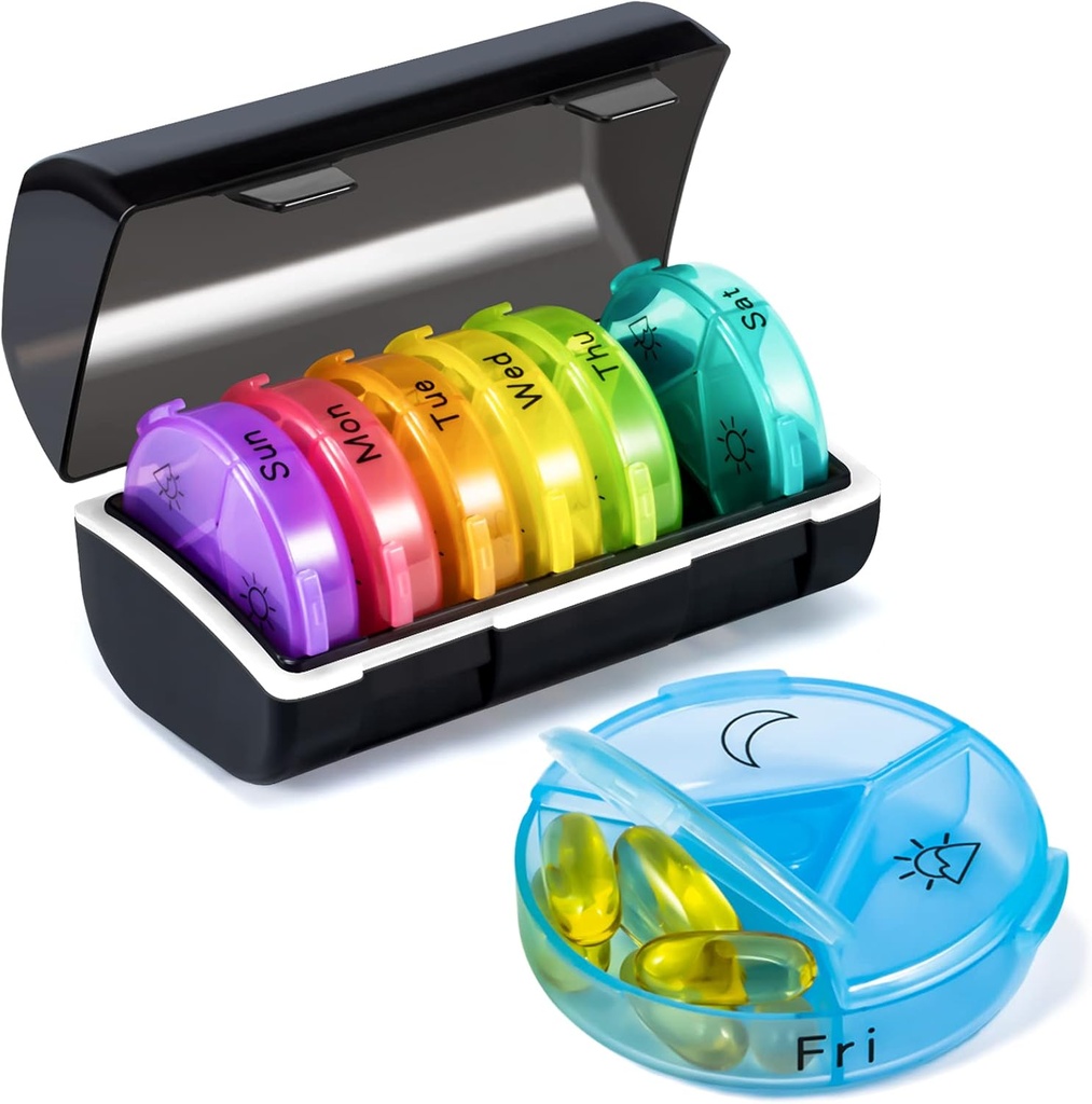 Weekly Pill Organizer Medicine Container, Round Pills Cases Organizers 7 Day 3 Times A Day with Large Compartments, BPA Free Medication Separator Storage to Hold Vitamin, Fish Oils, Supplement