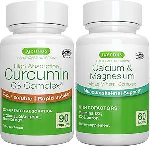 Complejo de Algae Calcium &amp; Magnesium + Complejo de Curcumina de Alta Absorción C3, Bundle Vegan para Huesos, Juntas " Recuperación del Ejercicio, por Igennus