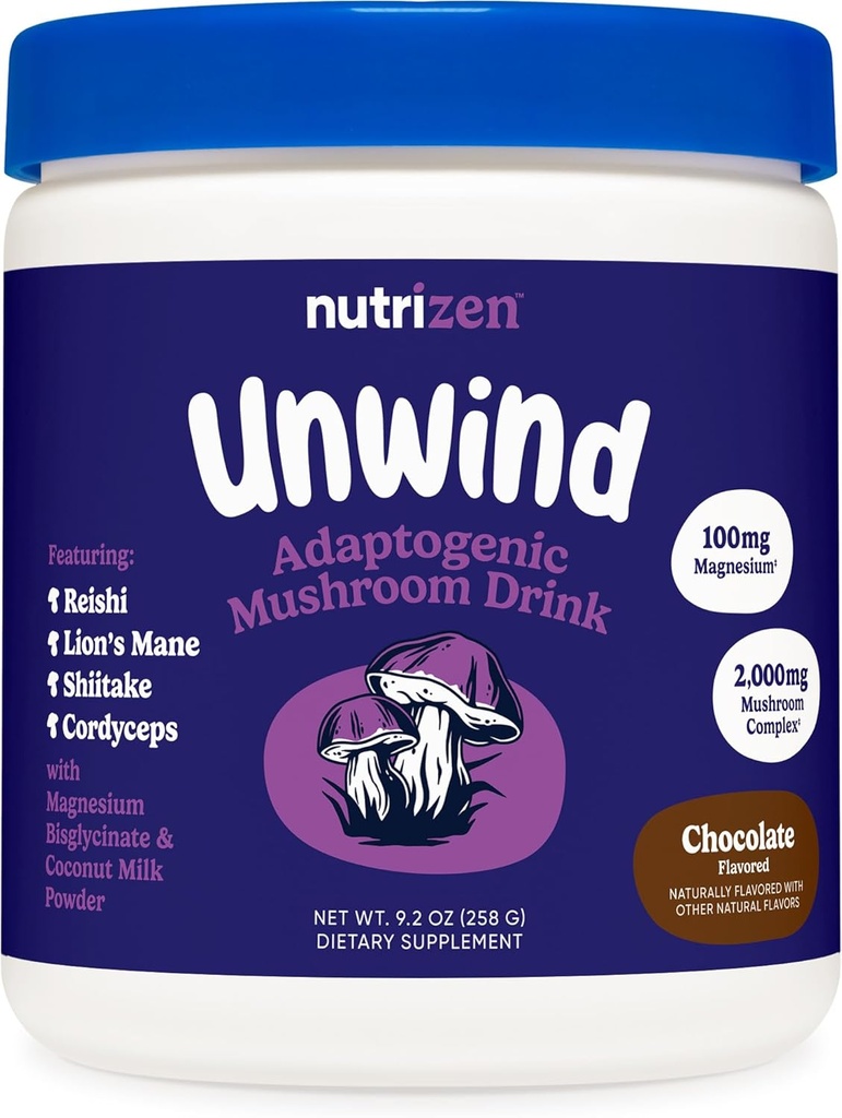 Nutricost Nutrizen PM Unwind Adaptogenic Mushroom Drink (Chocolate Flavored) 30 Servings - Incluye Reishi, Lion's Mane, Shiitake, Cordyceps