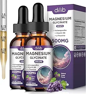 (2 Pack) Magnesium Glycinate Liquid Drops 500mg, con Vitamina B6, Ashwagandha, L - Theanine, Chamomile, Magnesium Glycinate Supplement High Absorption for Sleep, Stress, Energy Mood - Grape Flavor