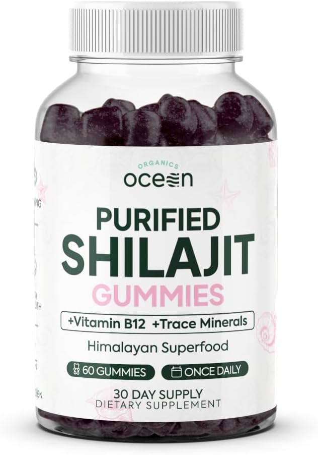 Organics Ocean Shilajit for Men and Women - Suplemento natural con vitamina B12, cromo y selenio para el envejecimiento, la energía, el apoyo hormonal y más - 60 chismes Shilajit