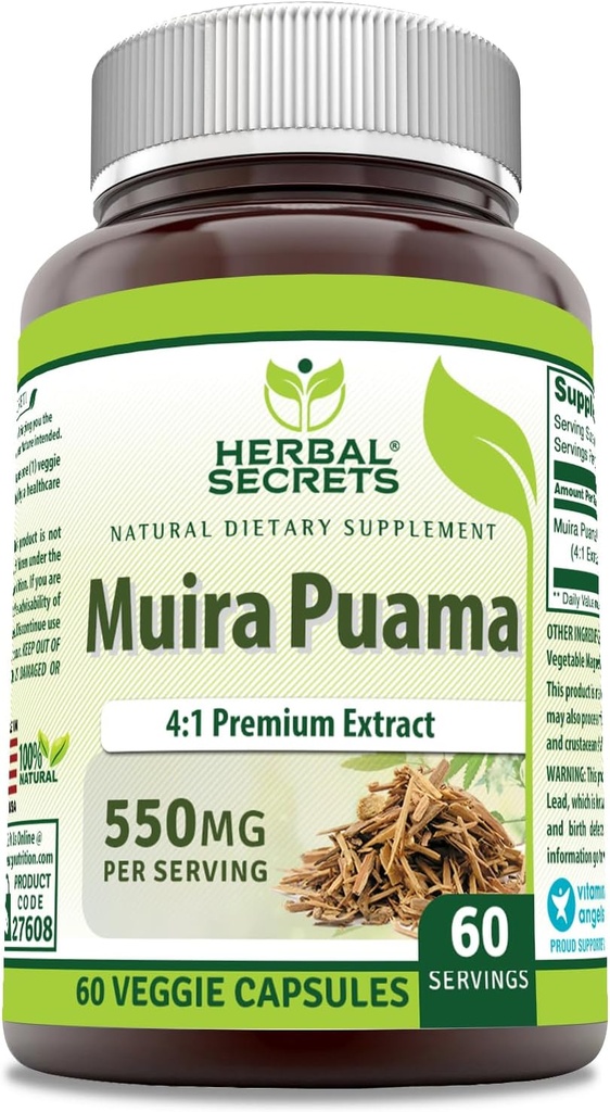Herbal Secrets Muira Puama 4:1 Extracto Suplemento TEN 550 Mg ANTE 60 Veggie Capsules ← Non-GMO TEN Gluten Free TEN Made in USA