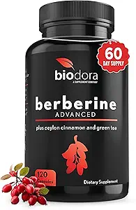 Berberine Advanced Plus with 1200mg Berberine - 100mg Ceylon Cinnamon and 100mg Green Tea Extract - 1400mg Per Dose -120 Capsules - 60 Day Supply - Supports Immune and Cardiovascular