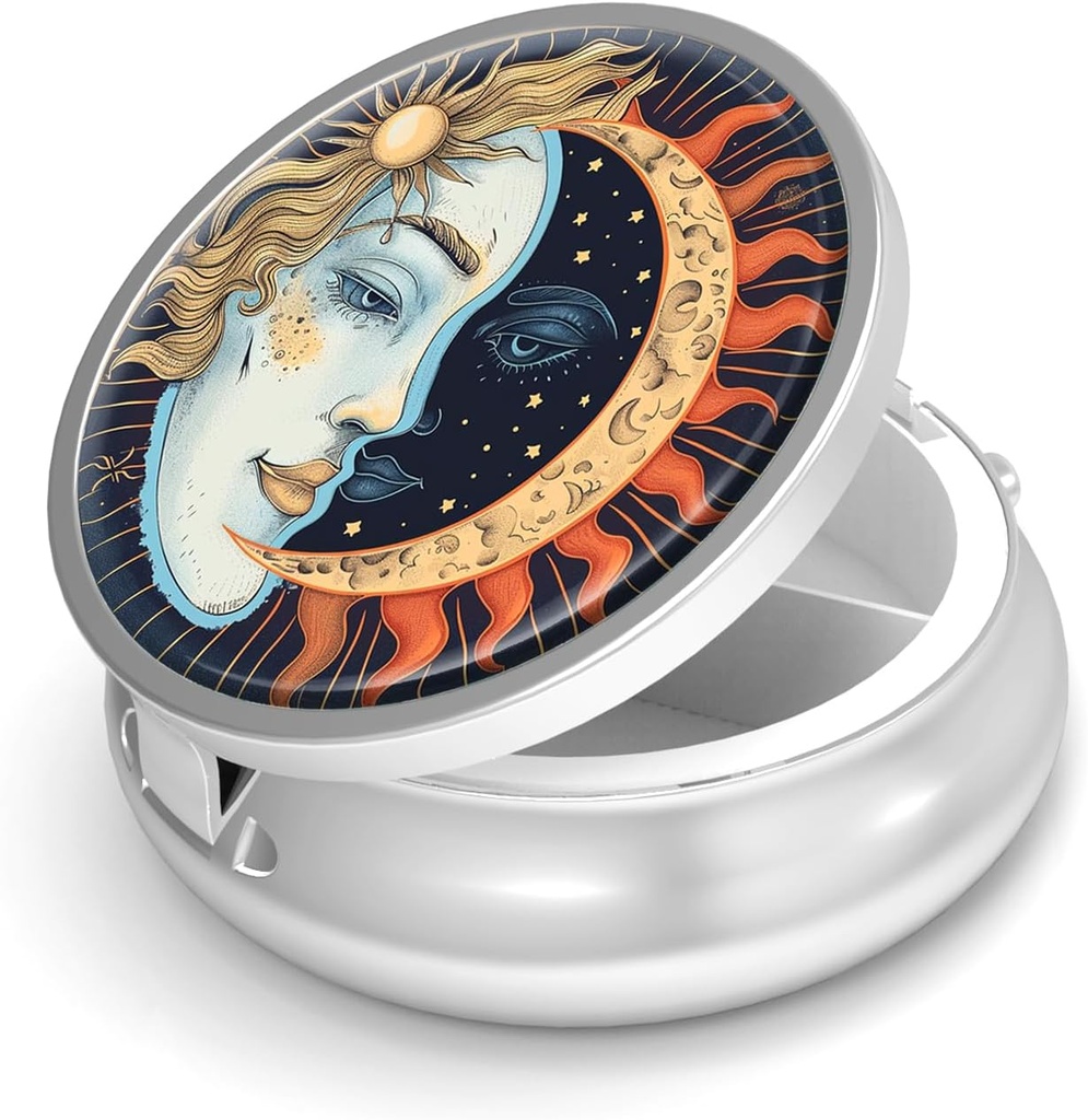 Pill Box-3 Compartment Funda de pequeña pill para purse &amp; Pocket Mini Metal Pill Holder Travel Pill Container to Hold Supplements Vitamins BPA-Free (Sun y Luna)