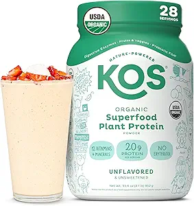 KOS Vegan Protein Powder, Unflavored & Unsweetened - Low Carb Pea Protein Blend, Ecológico Superfood Rich in Vitamins & Minerals - Keto, Soy, Dairy Free - Meal Replacement for Women &amp; Hombre - 28 Servings