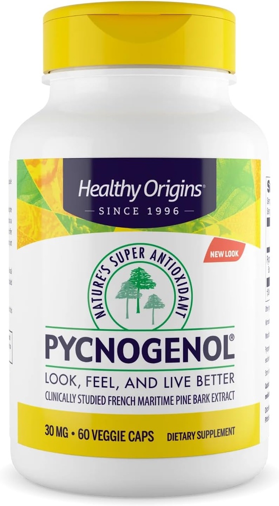 Orígenes saludables Pycnogenol 30 mg (Super Antioxidante de la naturaleza, no GMO, Gluten Free, Cardiovascular Support), 60 cápsulas vegetales