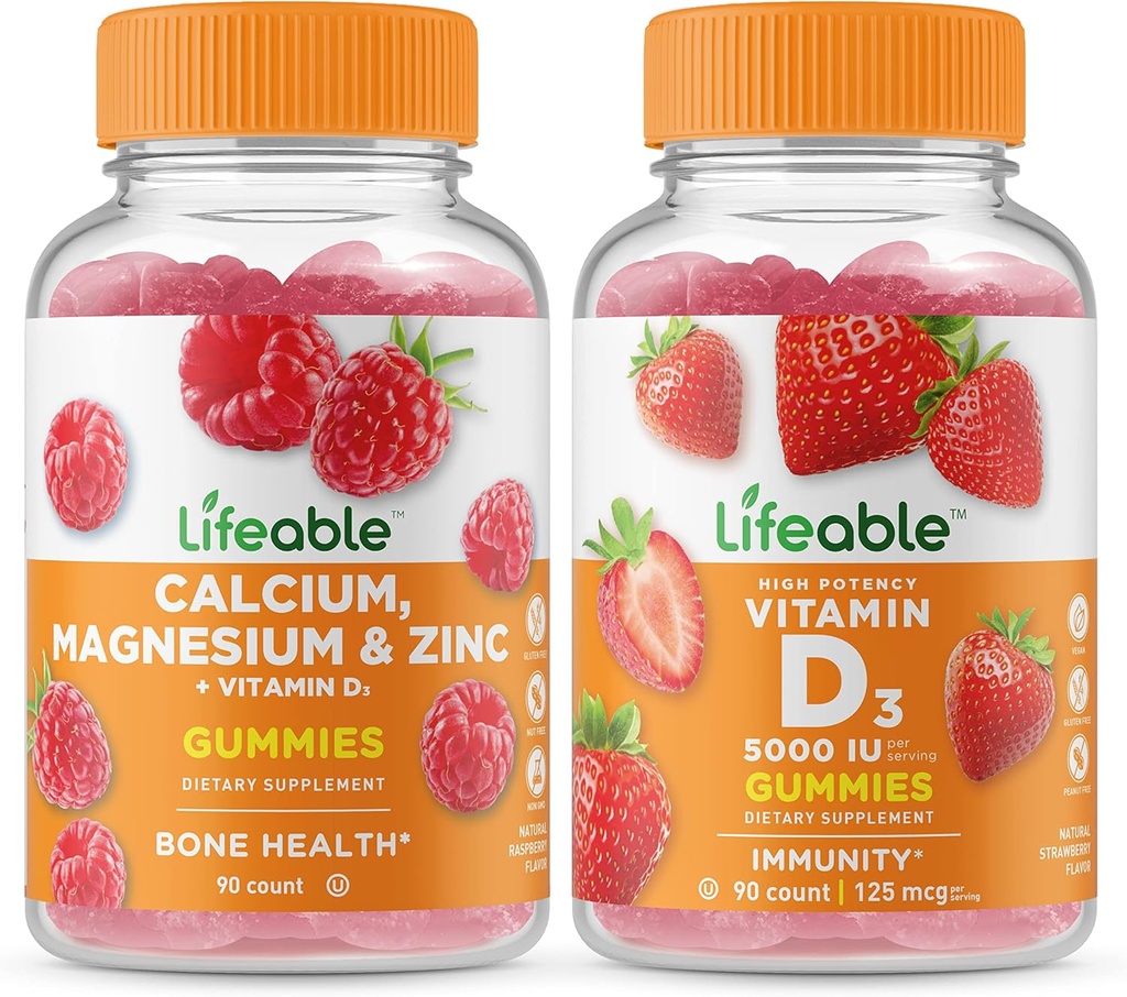 Calcio, Magnesio, Zinc &amp; Vitamina D + Vitamina D 5000 UI, Gummies Bundle - Gran Cata, Suplemento de Vitamina, Gluten Gratis, GMO Gratis, Chewable