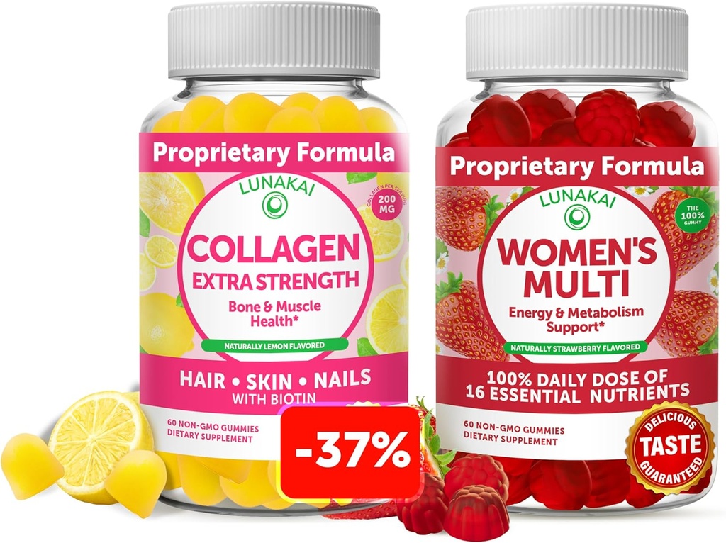 Colágeno Lunakai y Gummies Multivitamínicos de Mujeres Bundle - Suplementos antiañero no transgénicos con biotina, zinc, vitamina C y E - 100% Valor diario de 16 vitaminas y minerales esenciales - 30 días de suministro