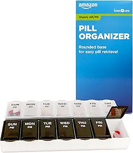 Cuidado básico (7 días) Organizador de píldoras AM/PM, Caja de vitaminas y caja de medicina, grandes compartimientos, 2 veces al día, tapas negras y limpias